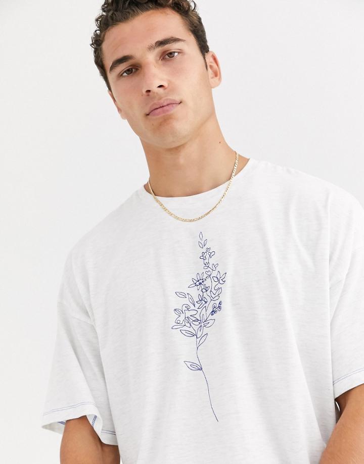 Asos Design Oversized T-shirt With Floral Chest Embroidery And Contrast Stitch-white