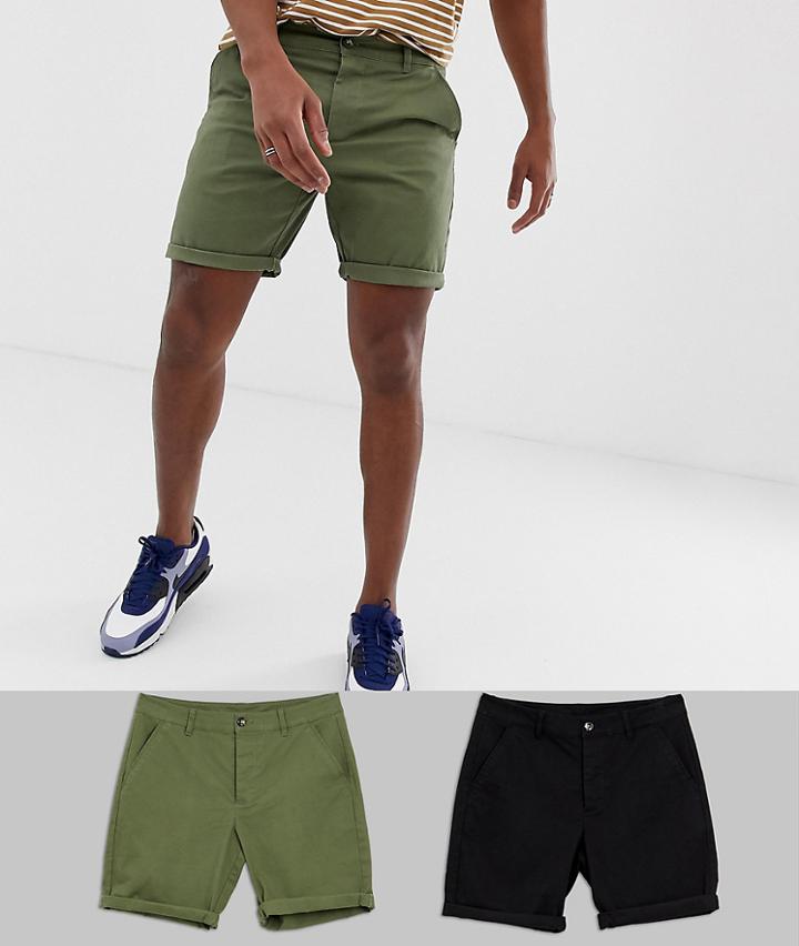 Asos Design 2 Pack Slim Chino Shorts In Khaki & Black Save - Multi
