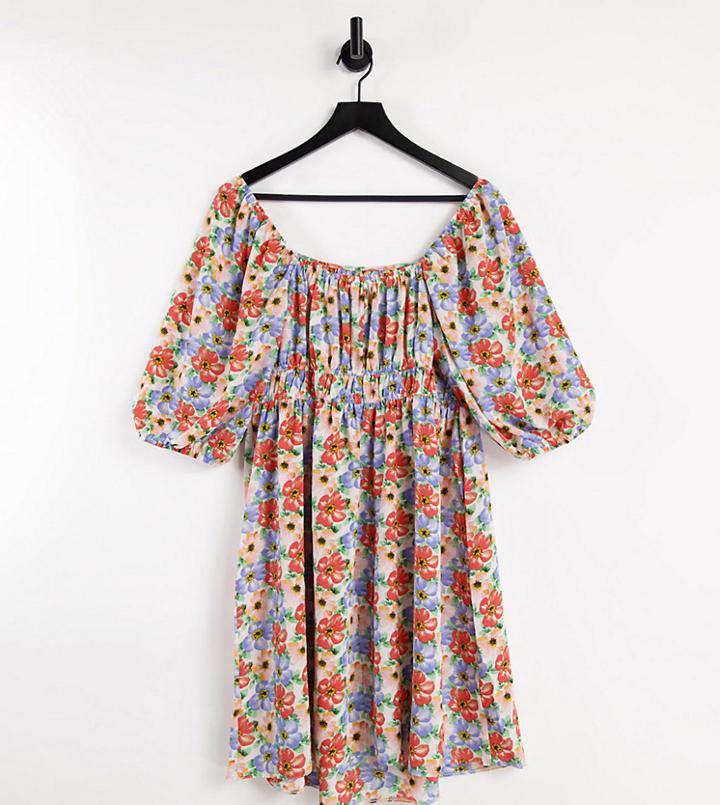 Asos Design Maternity Ruched Bust Mini Skate Dress With Puff Sleeve In Bold Floral Print-multi