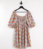 Asos Design Maternity Ruched Bust Mini Skate Dress With Puff Sleeve In Bold Floral Print-multi