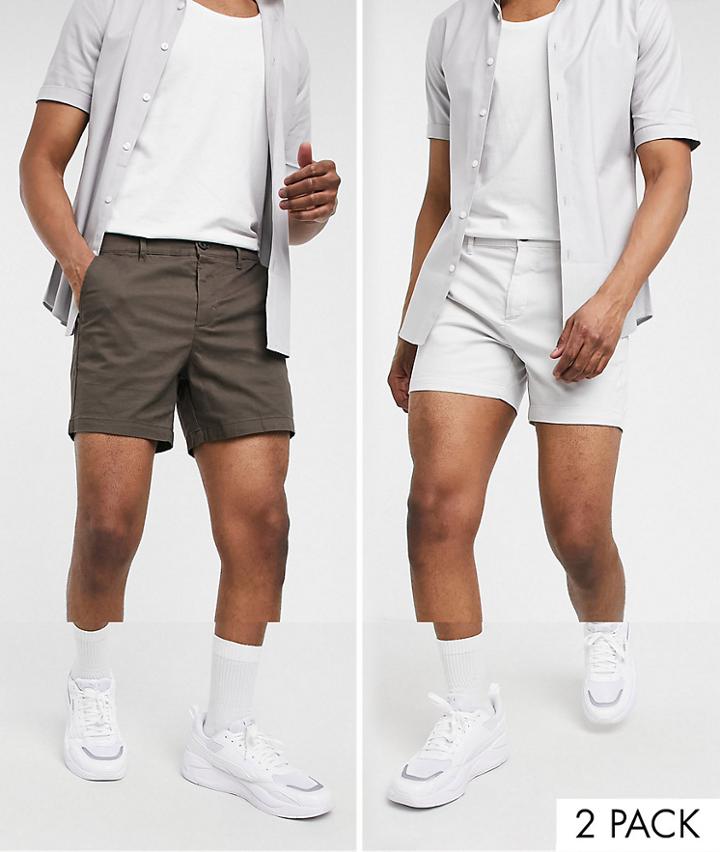 Asos Design 2 Pack Skinny Chino Shorts In Brown And Light Gray Save