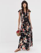 Band Of Gypsies Button Front Off Shoulder Maxi Dress In Black Floral Print - Black