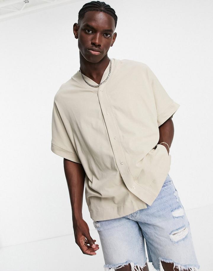 Asos Design Oversized Button Through V Neck T-shirt In Beige-brown