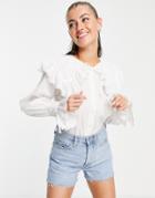 Asos Design Cotton Ruffled Blouse With Broderie Collar In Ivory-white