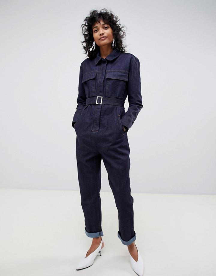 Asos White Utility Jumpsuit In Indigo Denim-blue