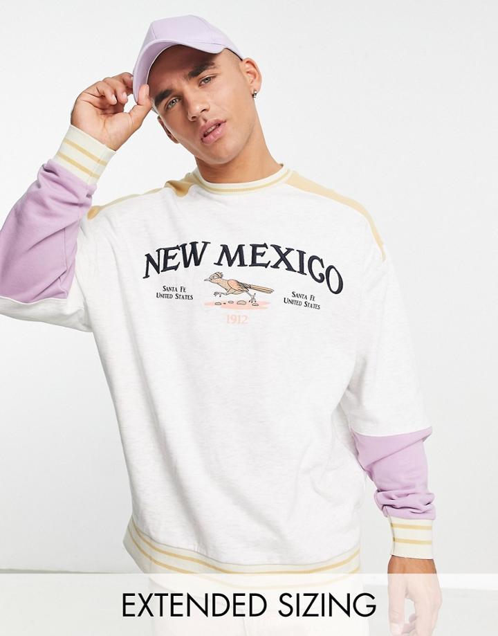 Asos Design Oversized Sweatshirt In Ecru Color Block With City Print-multi