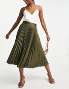 Closet London Pleated Midi Skirt In Khaki-green