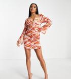 Asos Design Petite Chiffon Keyhole Mini Dress With Buttons In Rust Butterfly Print-multi