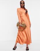 Asos Design High Neck Maxi Satin Tea Dress In Rust-red