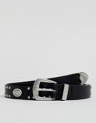 Asos Design Vegan Faux Leather Slim Belt In Black With Western Buckle And Studding - Black