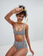 Monki Mono Stripe High Waisted Bikini Bottom In Black And White Stripes - Multi
