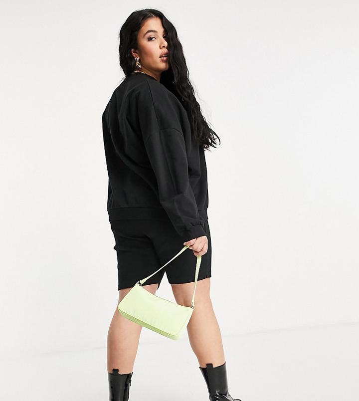 Asos Design Curve Tracksuit Sweatshirt / Ribbed Legging Short In Black