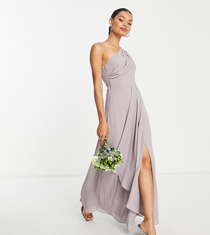 Tfnc Petite Bridesmaid Chiffon One Shoulder Drape Maxi Dress In Lavender Gray