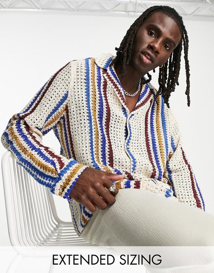 Asos Design Relaxed Revere Shirt In Beige Knitted Stripe-neutral