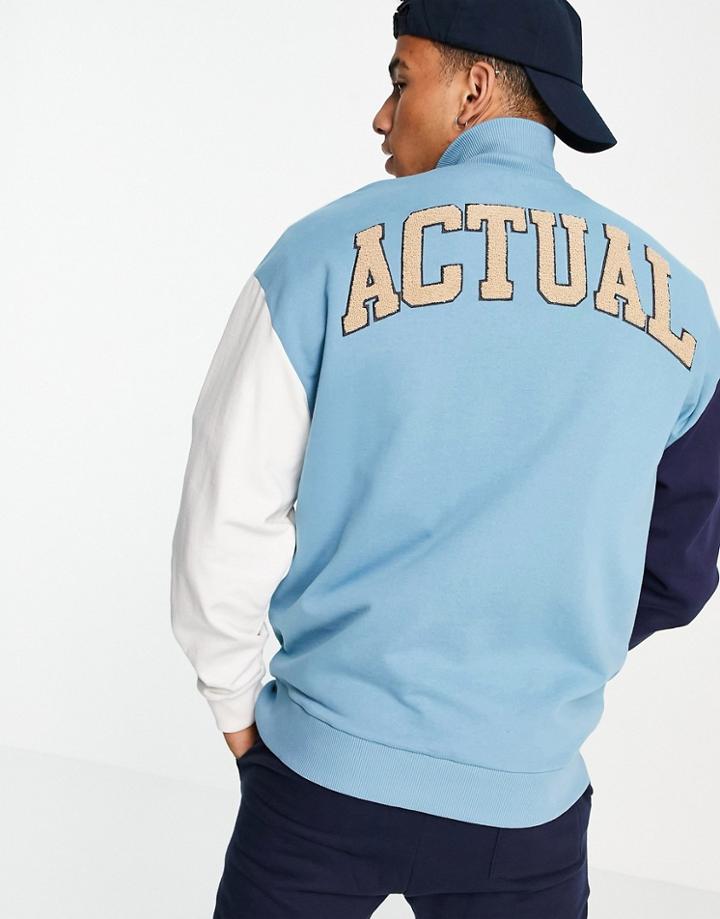 Asos Actual Oversized Jersey Jacket In Blue With Color Blocking And Applique Logo-blues