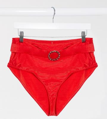 Wolf & Whistle Curve Exclusive Belt Detail High Waist Bikini Bottom In Red