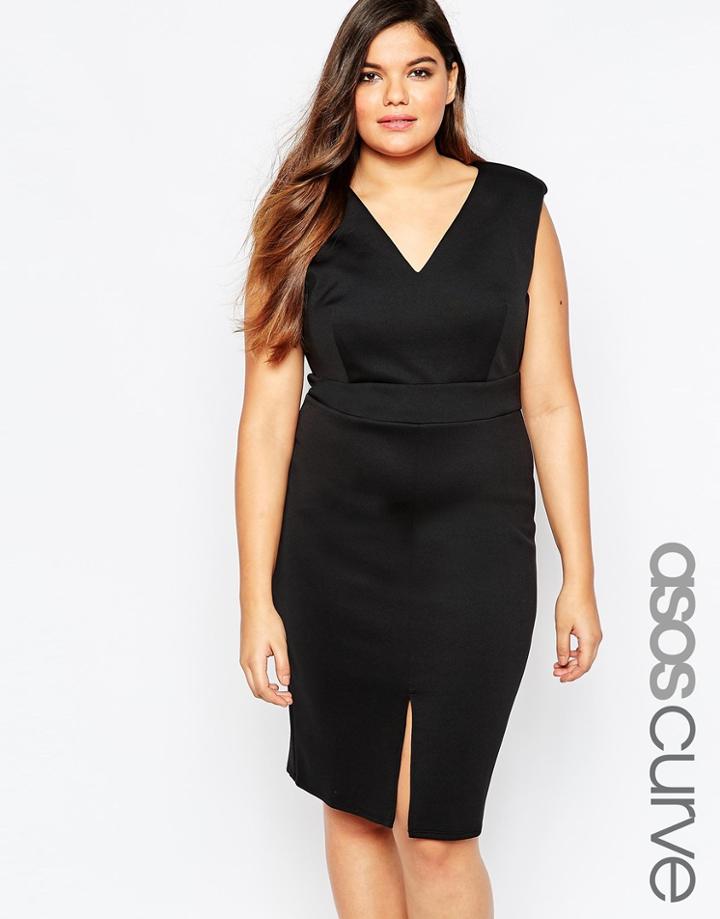 Asos Curve Pencil Dress With Plunge Neck - Nude