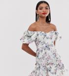 Asos Design Bardot Mini Dress In Structured Ottoman In Floral Print - Multi