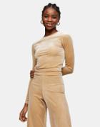 Topshop Velour Long Sleeve Top In Beige-gold