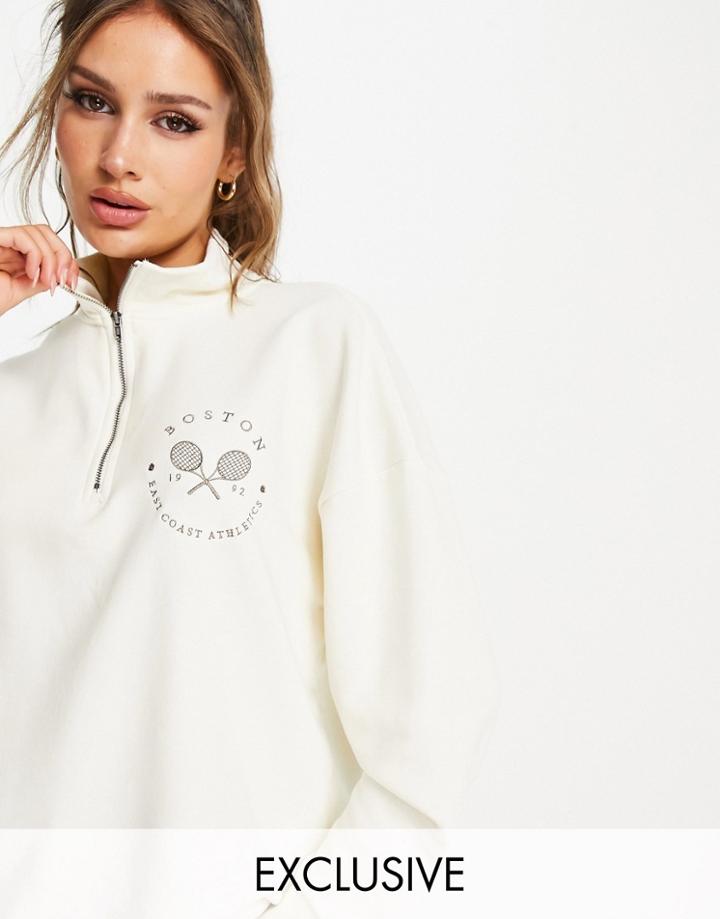 Stradivarius Boston Varsity Half Zip Sweatshirt In Ecru-white