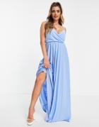 Asos Design Cami Plunge Tie Back Maxi Dress In Blue-multi