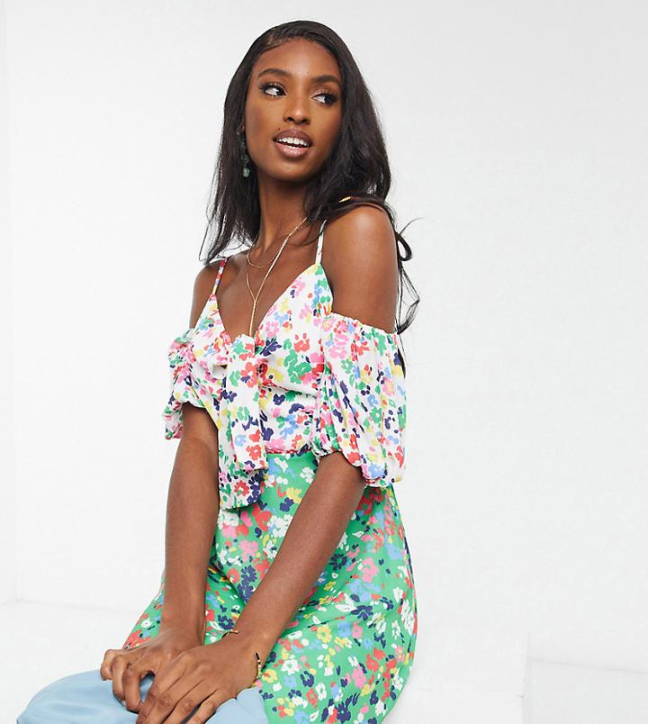 Twisted Wunder Tall Off Shoulder Mini Dress In Contrast Floral Print-multi