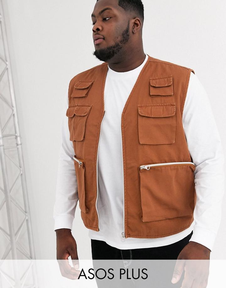 Asos Design Plus Utility Vest In Tan