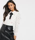 Wild Honey Balloon Sleeve Blouse With Contrast Ribbon Neck Tie-white