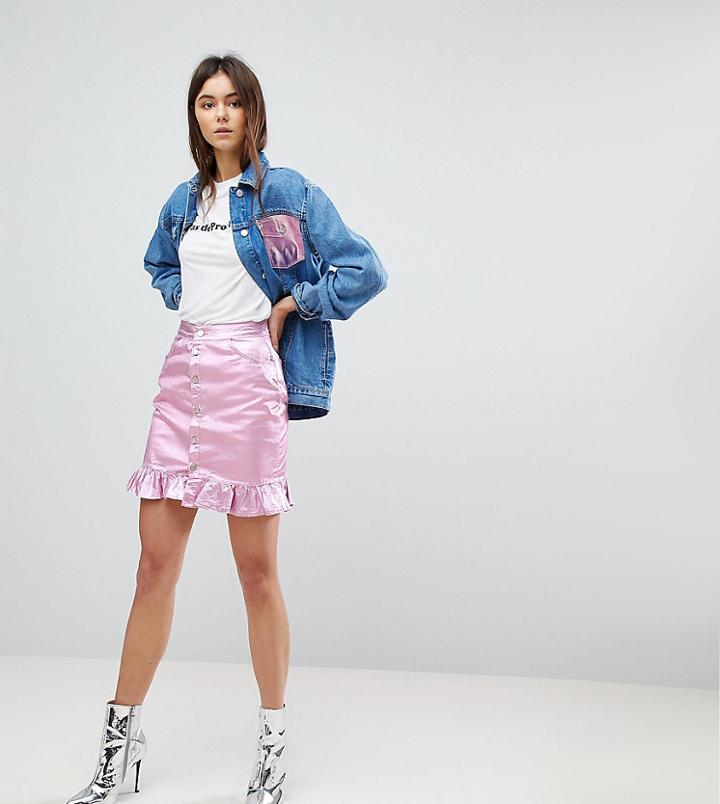 Chorus Tall Pink Foiled Denim Skirt With Frill Hem - Pink