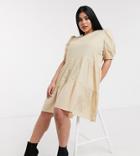 Only Curve Poplin Mini Smock Dress With Puff Sleeves In Beige-neutral