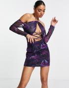 Naanaa Tie Front Halter Dress In Purple Print