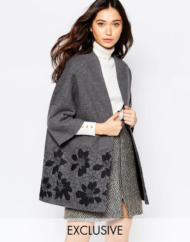 Helene Berman Floral Embroidered Kimono Coat