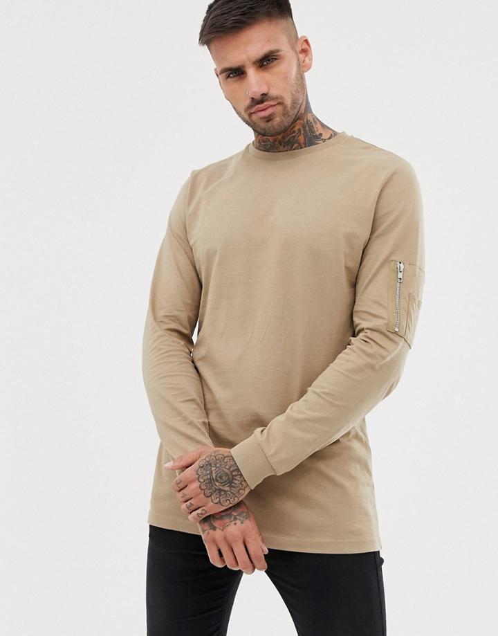 Asos Design Long Sleeve T-shirt With Ma1 Zip Sleeve Pocket In Beige - Beige
