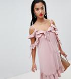 Lost Ink Petite Shift Dress With Ruffle Cold Shoulder Detail In Textured Fabric - Pink