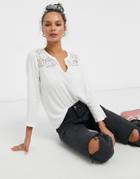 Jdy V-neck Lace Panelling 3/4 Sleeve Blouse In White