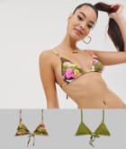 Asos Design Multi Pack Triangle Bikini Top In Khaki And Pink Camo Print - Multi