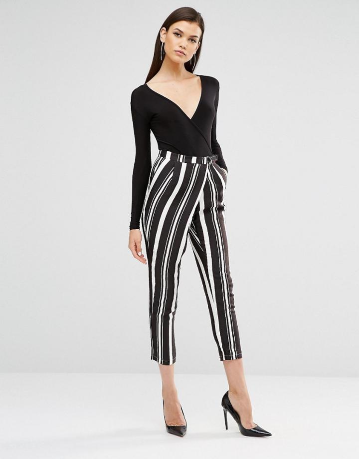 Lavish Alice Stripe Crossover D-ring Peg Leg Pants - Black