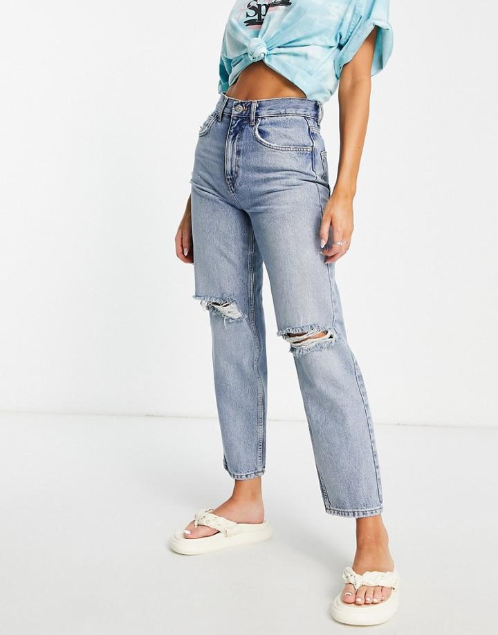 Neon & Nylon Butterfly Back Print Straight Leg Jeans In Blue Wash