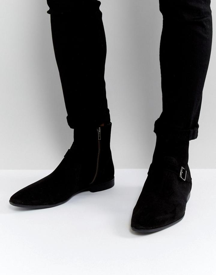 Asos Chelsea Boots In Black Suede With Strap Buckle Detail - Black