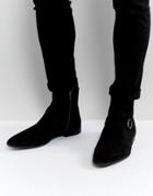 Asos Chelsea Boots In Black Suede With Strap Buckle Detail - Black