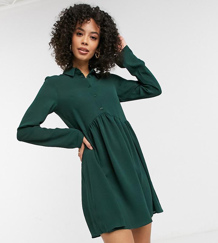 Asos Design Tall Smock Mini Shirt Dress In Forest Green