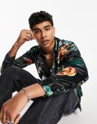 Asos Design Skinny Velvet Shirt In Black Floral Print