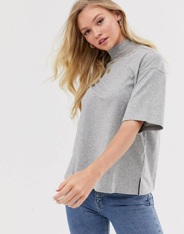 Asos Design High Neck Short Sleeve T-shirt In Gray Marl
