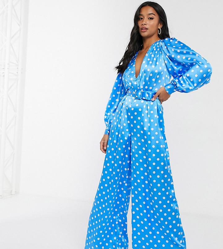 Asos Design Petite Satin Wide Leg Jumpsuit In Blue And White Spot-multi