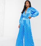 Asos Design Petite Satin Wide Leg Jumpsuit In Blue And White Spot-multi