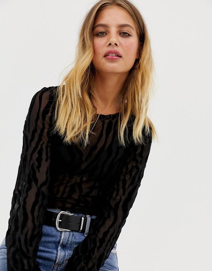 Only Flikka Velvet Burnout Long Sleeved Top - Black
