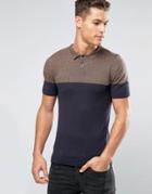 Asos Muscle Fit Knitted Polo In Color Block - Brown