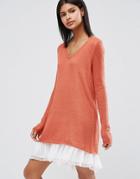Asos Premium Sweater Dress In Mohair With Woven Hem - Brown
