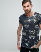 Asos Longline T-shirt With Floral Print In Linen Look - Navy