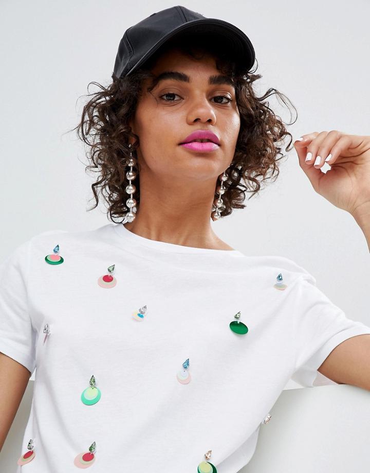 Stradivarius Sequin Detail T-shirt - White
